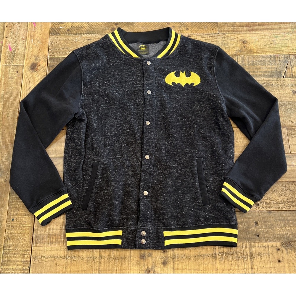 Batman Men's Size L Black And Yellow Varsity Button Up Long Sleeve Jacket